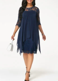 Navy Blue Three Quarter Sleeve Chiffon Overlay Lace Dress