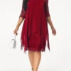 Wine Red Three Quarter Sleeve Chiffon Overlay Lace Dress
