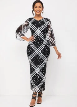 V Neck Striped And Polka Dot Flare Sleeve Dress