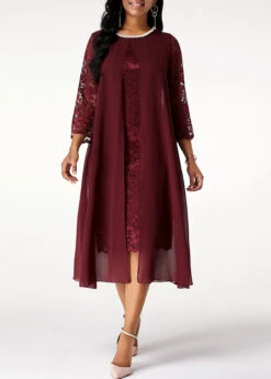 Chiffon Lace Stitching Pearl 3/4 Sleeve Dress