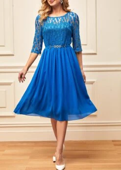 Lace Stitching 3/4 Sleeve Blue Round Neck Dress