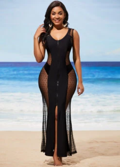 Mesh Stitching Zipper Closure Black Cover Up Dress