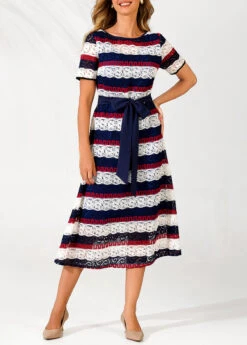 Lace Panel Striped Belted Color Block Dress