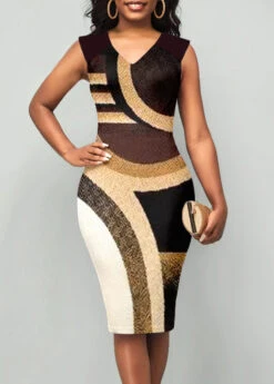 Brown Printed Sleeveless V Neck Dress