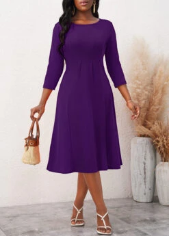 3/4 Sleeve Round Neck Purple Dress