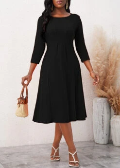 3/4 Sleeve Round Neck Black Dress