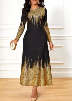 Black Hot Stamping Ombre Round Neck Dress