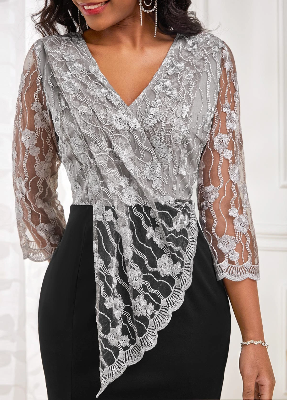 Black Lace Three Quarter Length Sleeve Bodycon Dress - Image 5