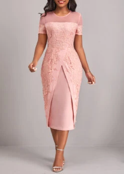 Light Pink Lace Short Sleeve Round Neck Bodycon Dress