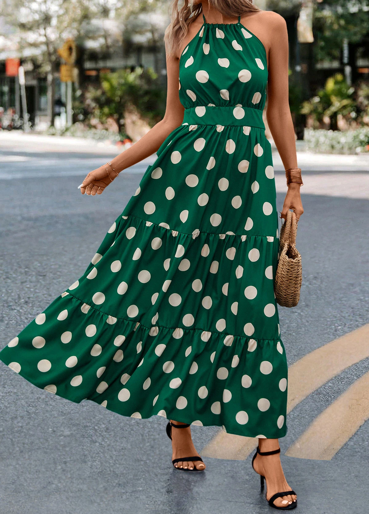 Green Tie Polka Dot Strappy Halter Maxi Dress - Image 6