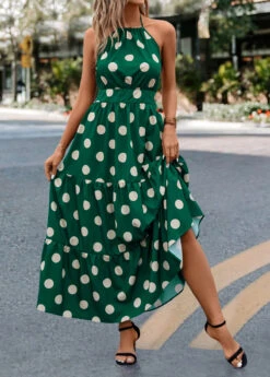 Green Tie Polka Dot Strappy Halter Maxi Dress