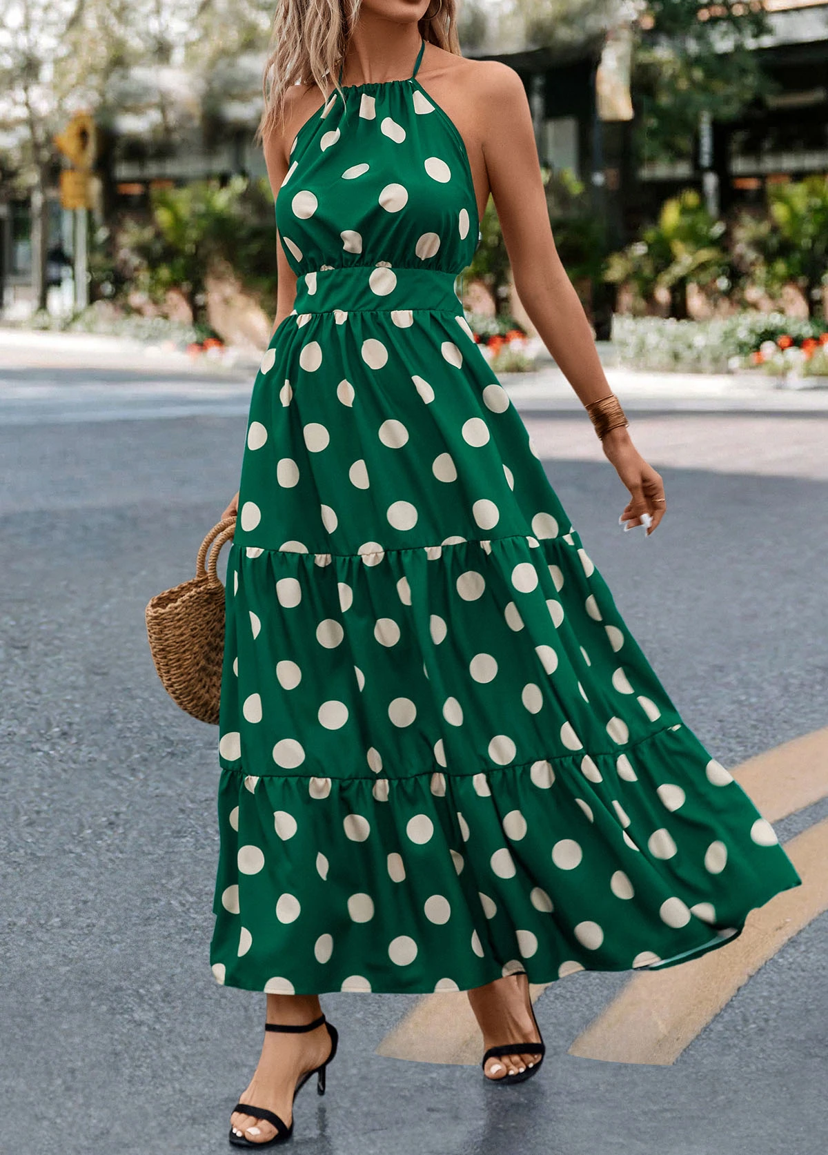 Green Tie Polka Dot Strappy Halter Maxi Dress - Image 3