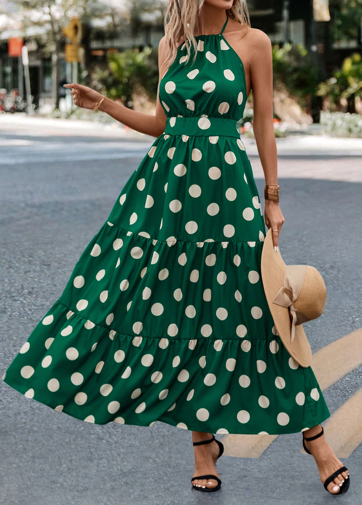 Green Tie Polka Dot Strappy Halter Maxi Dress - Image 4