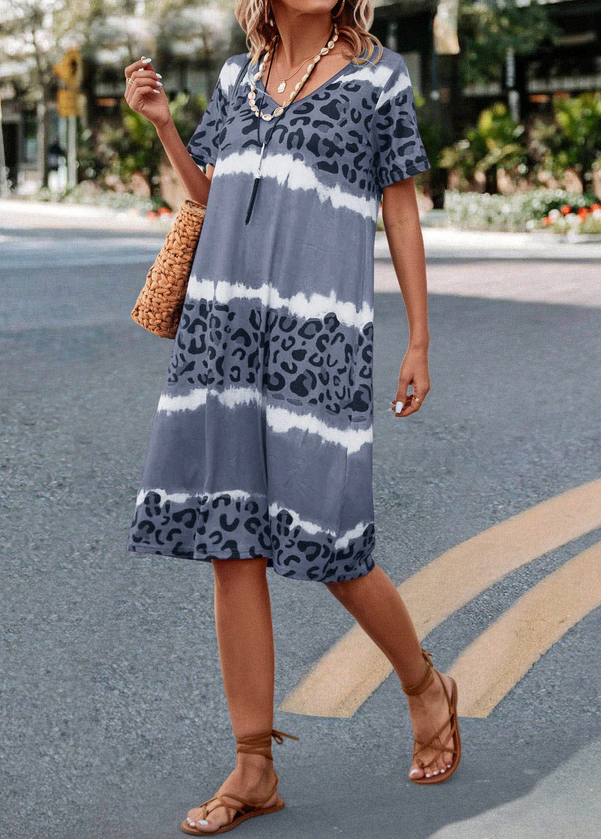 Grey Leopard H Shape Short Sleeve Dress - Image 4