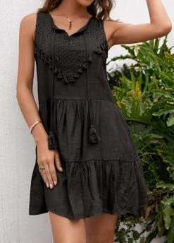 Black Tassel Short A Line Sleeveless Dress