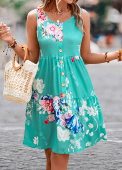 Mint Green Button Floral Print Short Sleeveless Dress