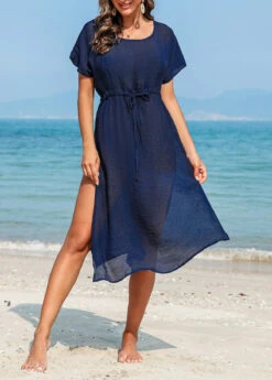 Drawstring Navy Side Slit Cover Up Dress