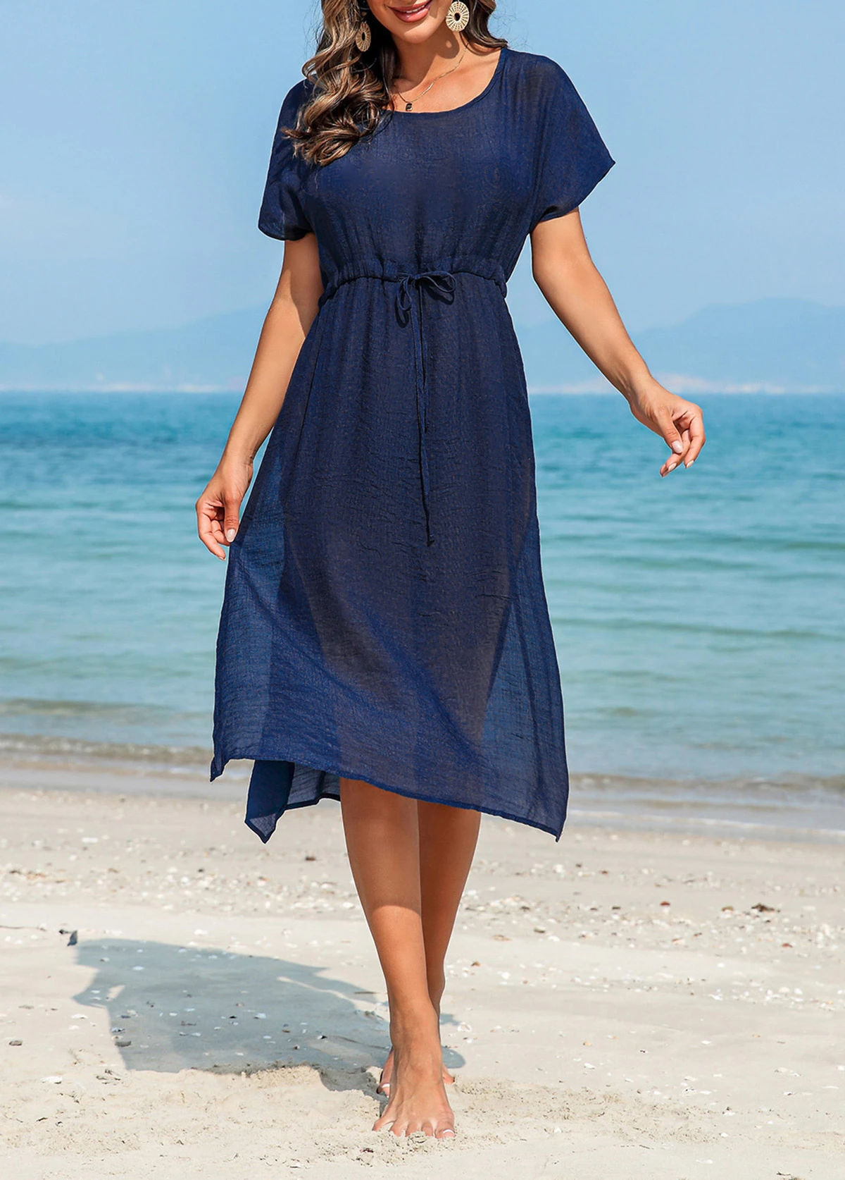 Drawstring Navy Side Slit Cover Up Dress - Image 4