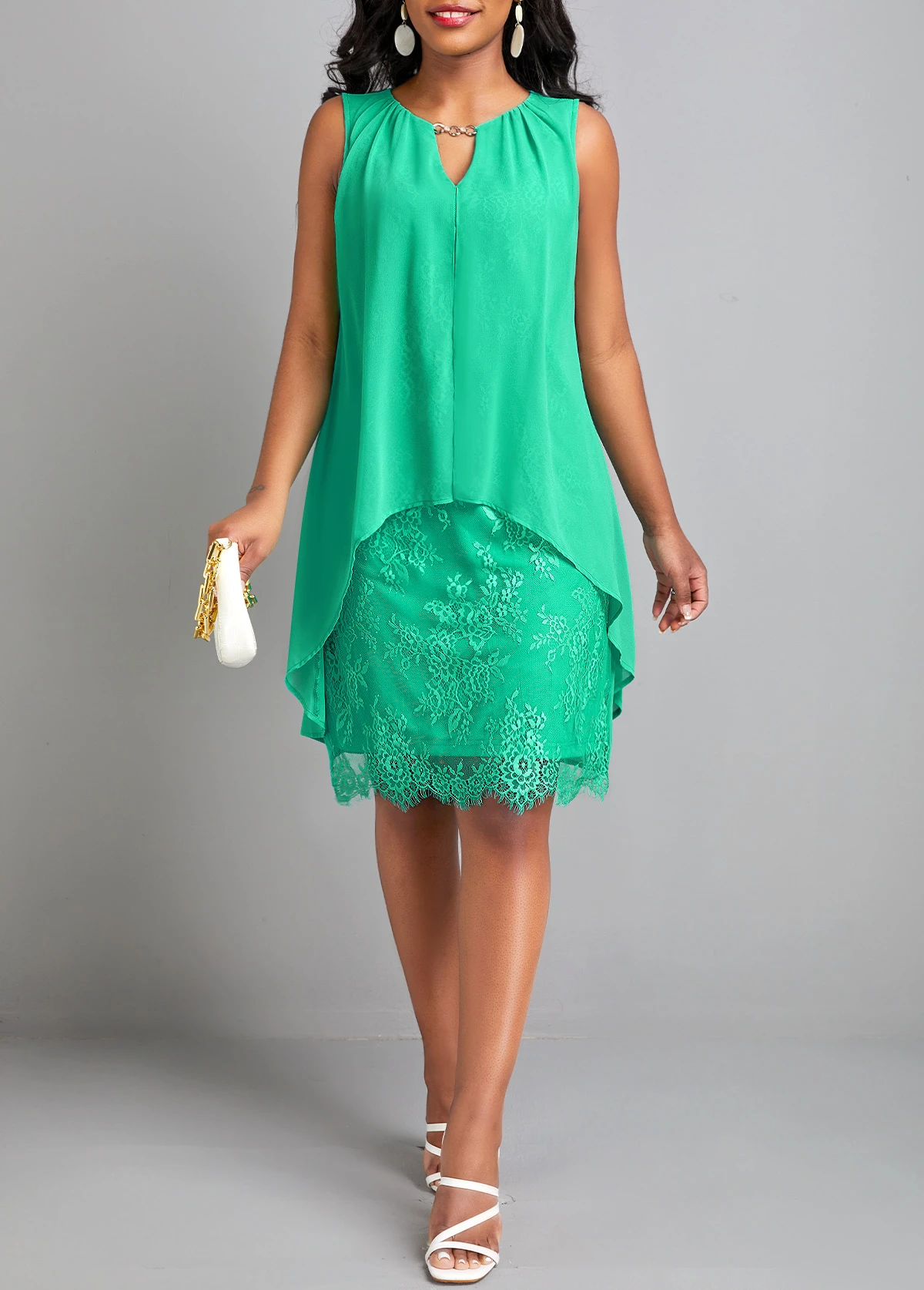 Green Lace H Shape Sleeveless Round Neck Dress