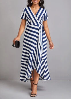 Blue Ruffle Striped Short Sleeve Maxi Dress