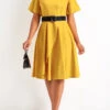 Yellow Asymmetry Belted Short Sleeve V Neck Dress