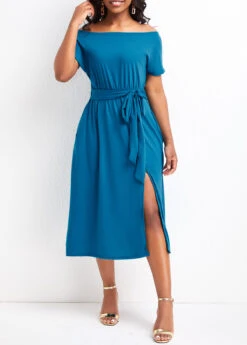 Sky Blue Split Short Sleeve Off Shoulder Dress
