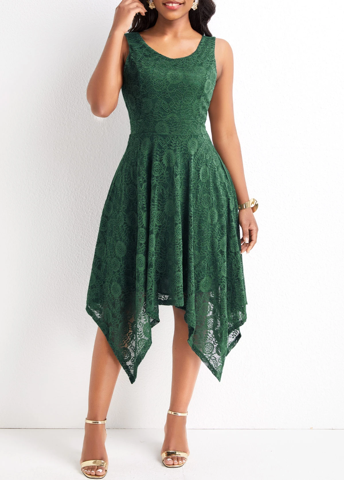 Blackish Green Lace High Low Sleeveless Dress - Image 4
