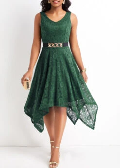 Blackish Green Lace High Low Sleeveless Dress