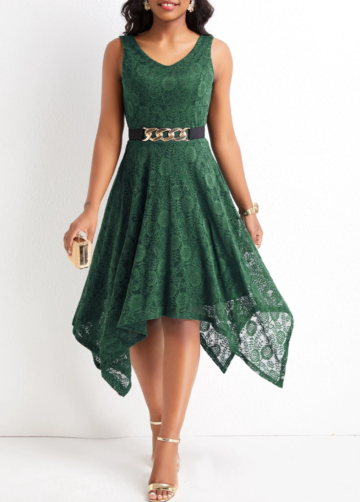 Blackish Green Lace High Low Sleeveless Dress