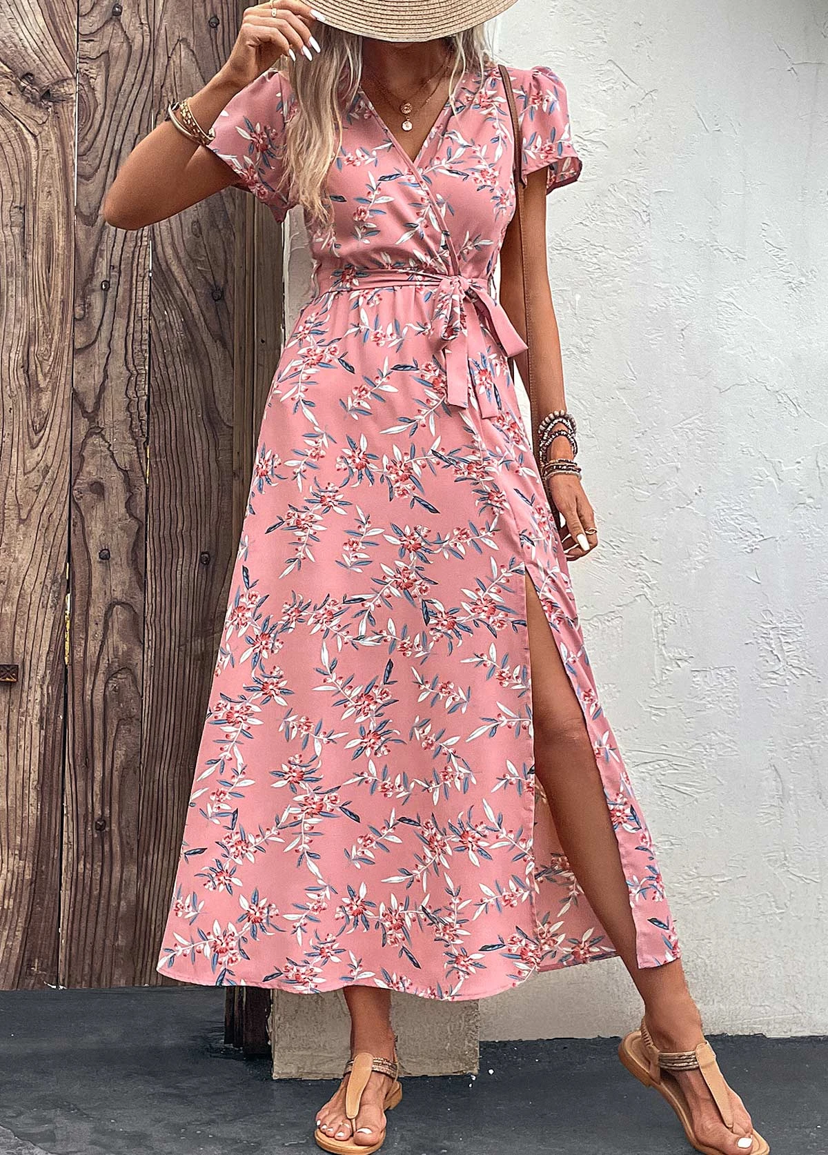 Pink Split Leaf Print Belted Maxi Dress - Image 6