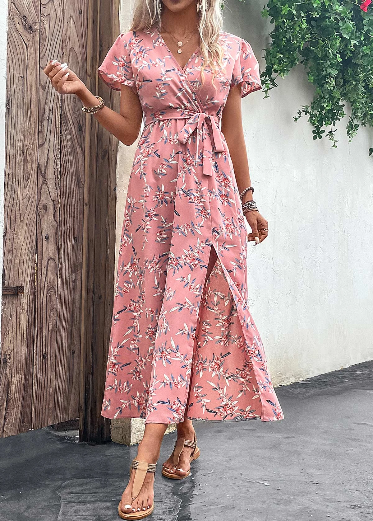 Pink Split Leaf Print Belted Maxi Dress - Image 4