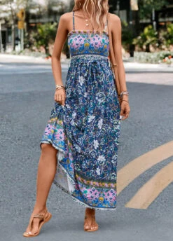 Multi Color Smocked Floral Print Belted Maxi Dress