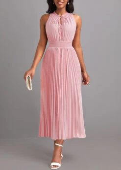 Light Pink Pleated Sleeveless Tie Front Dress