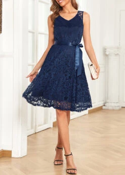 Navy Lace Patchwork Sleeveless V Neck Dress