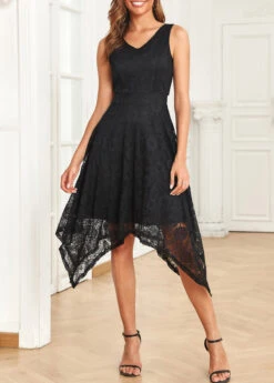 Black Lace Sleeveless V Neck Dress