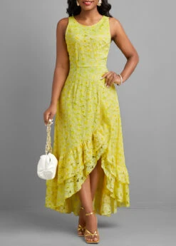 Light Yellow Ruffle A Line Sleeveless Maxi Dress