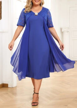 Blue Patchwork Plus Size Short Sleeve Bodycon Dress