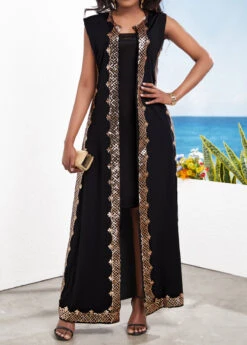 Black Sequin Two Piece Suit Sleeveless Maxi Dress And Cardigan