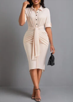 Beige Button Short Sleeve Shirt Collar Bodycon Dress