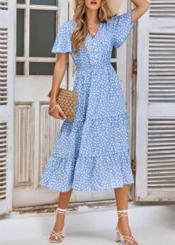 Light Blue Ruched Leaf Print Short Sleeve Dress