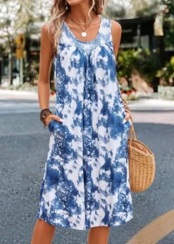 Blue Patchwork Tie Dye Print Shift Dress