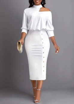 White Asymmetry Three Quarter Length Sleeve Bodycon Dress