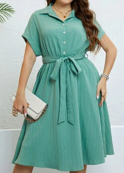 Mint Green Button Plus Size Belted Dress