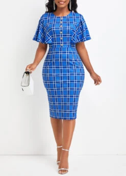Blue Button Plaid Short Sleeve Bodycon Dress