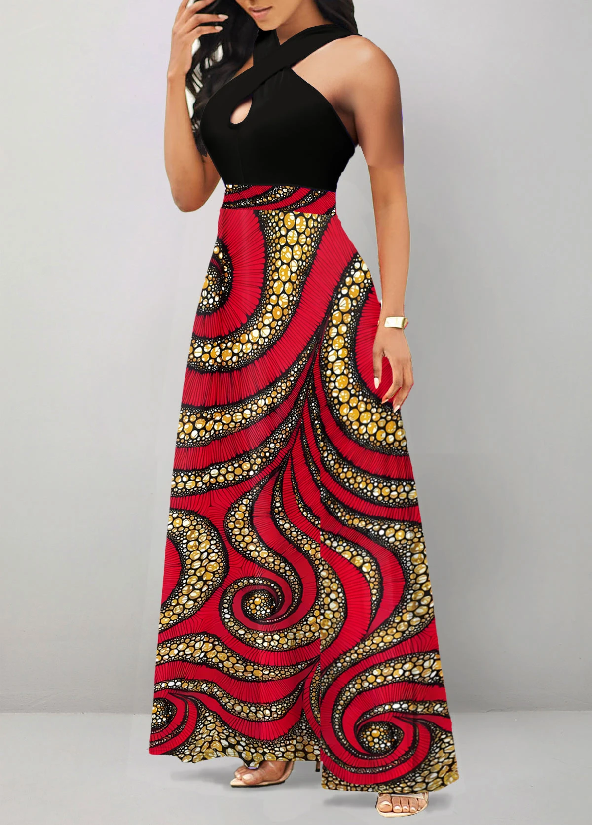 Black Cut Out African Tribal Print Maxi Dress - Image 2