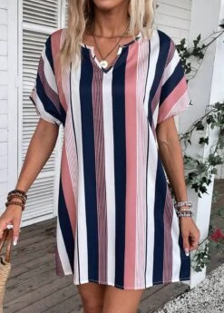 Multi Color Split Striped Short Shift Dress