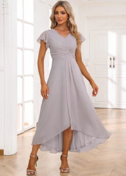 Light Grey Twist Short Sleeve V Neck Dress