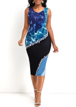 Multi Color Wave Pattern Print Sleeveless Bodycon Dress
