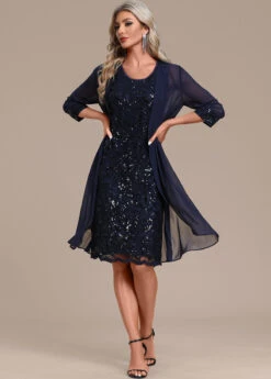 Navy Lace Sequin Shift Dress And Cardigan