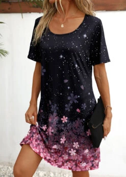 Black Floral Print Shift Dress